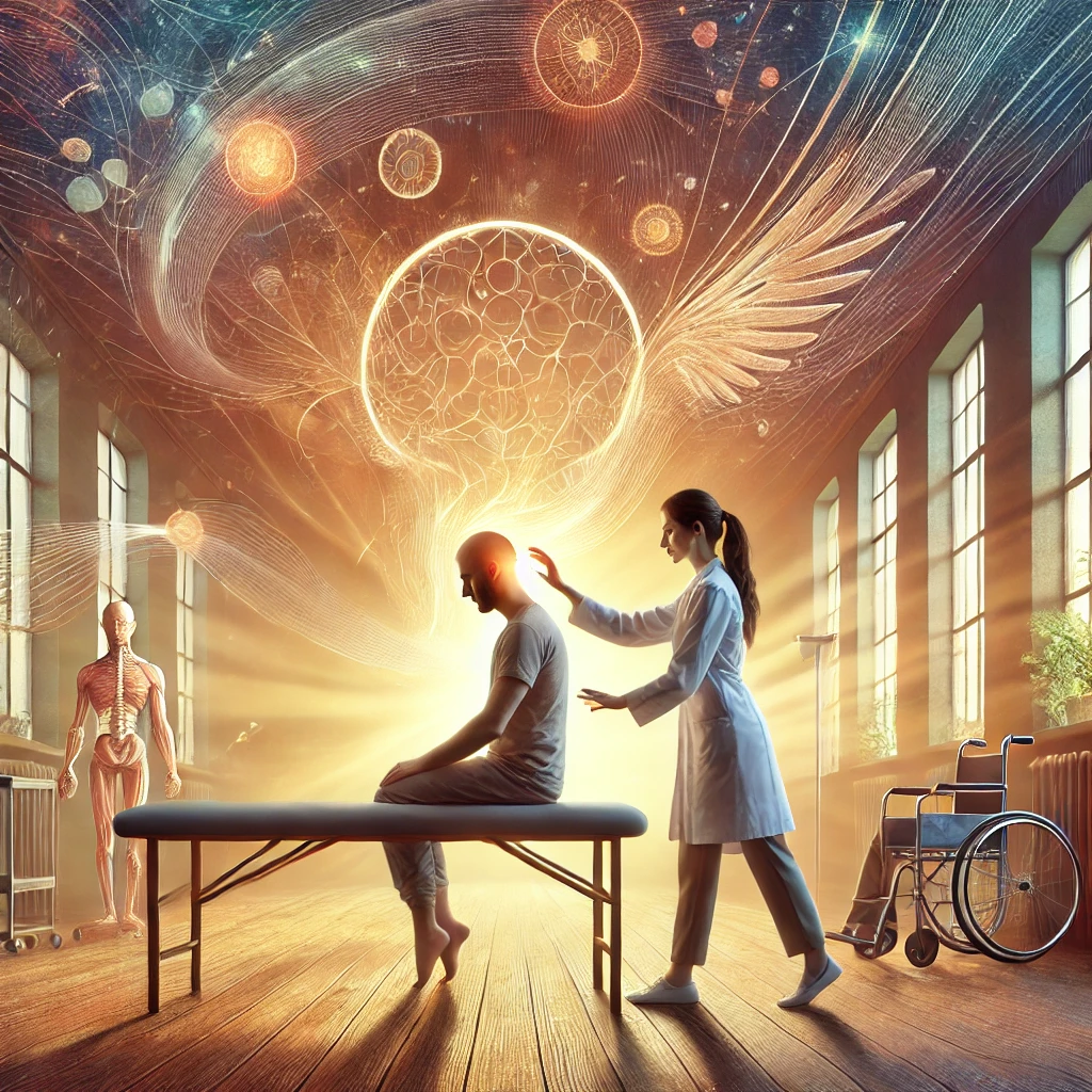 DALL.E 2025 02 11 02.00.55   A powerful and inspiring digital illustration representing physiotherapy in mental health. The image features a compassionate physiotherapist assistin